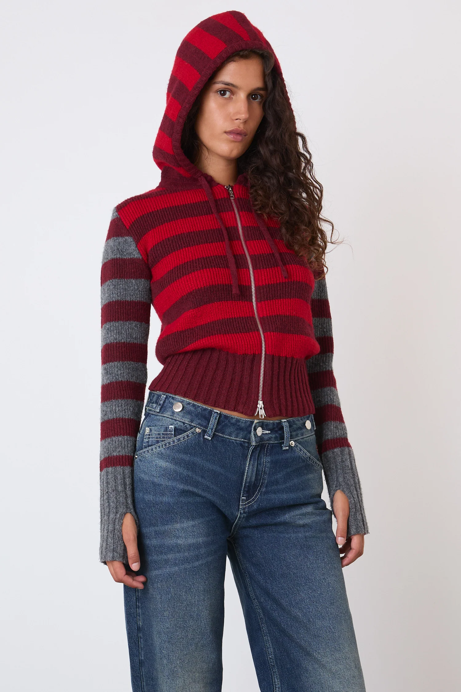 Anita Knitted Hoodie, Burgundy Stripe - Image 4
