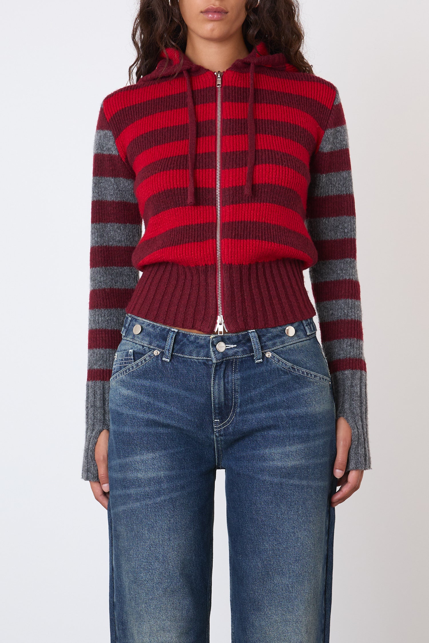 Anita Knitted Hoodie, Burgundy Stripe - Image 5