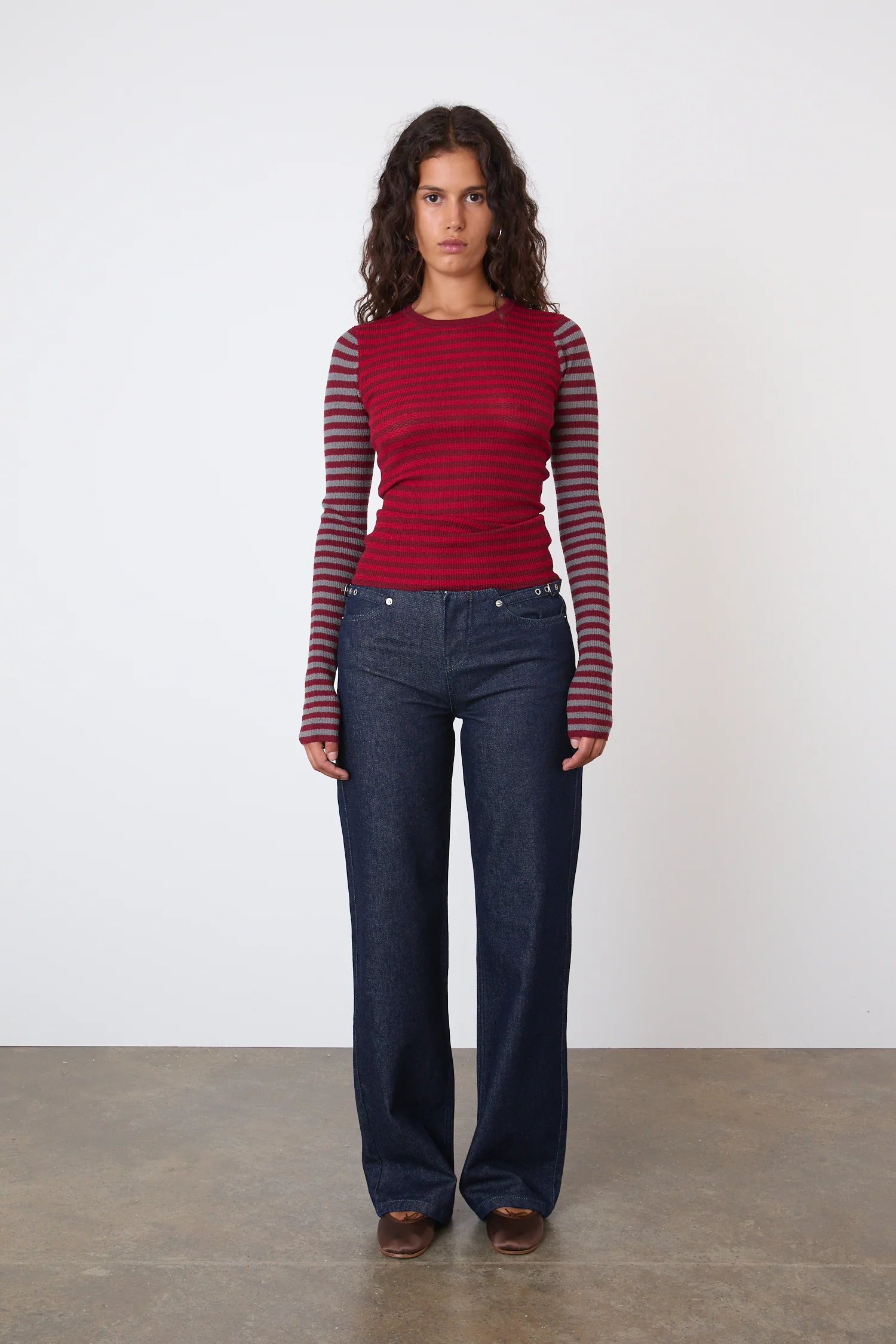 Elise Stripe Long Sleeve Top, Burgundy Stripe - Image 3