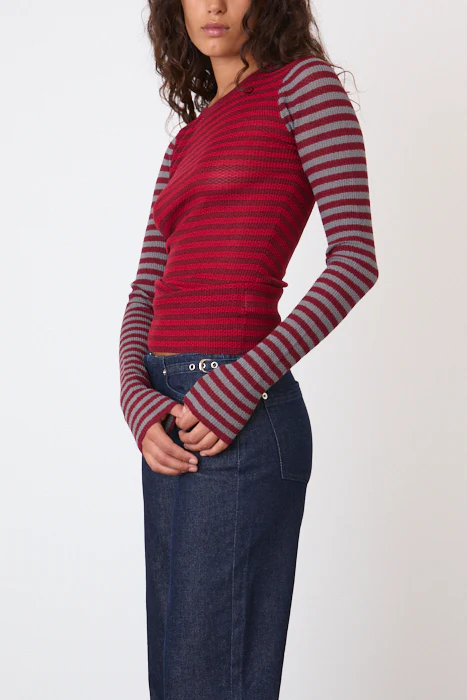 Elise Stripe Long Sleeve Top, Burgundy Stripe - Image 4