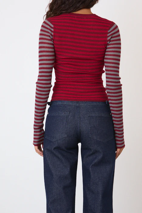 Elise Stripe Long Sleeve Top, Burgundy Stripe - Image 5